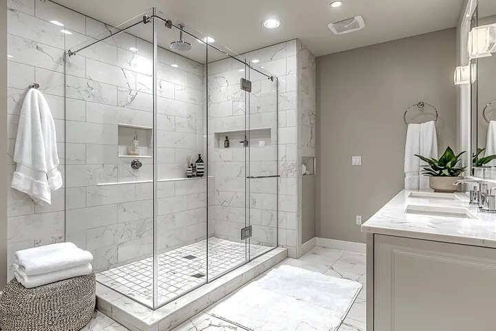 Luxury shower remodel with rainfall fixture and spa-style tile