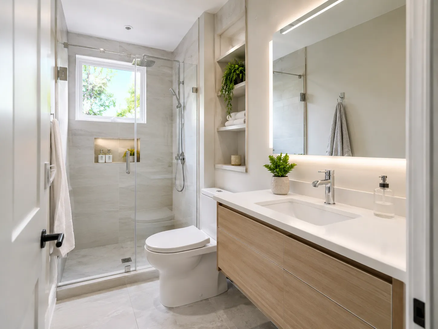 Finished bathroom renovation with modern vanity and shower in Madison WI