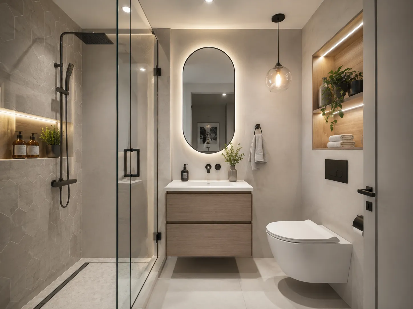 Tailored bathroom renovation design with vanity, tile, and lighting