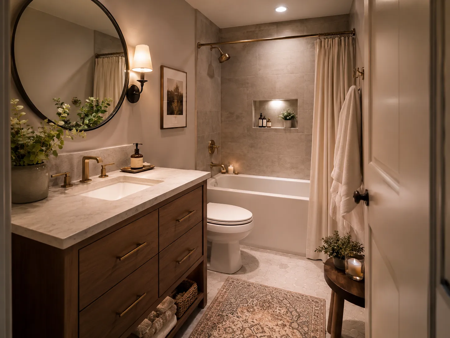 Complete bathroom transformation with updated shower, vanity, and flooring